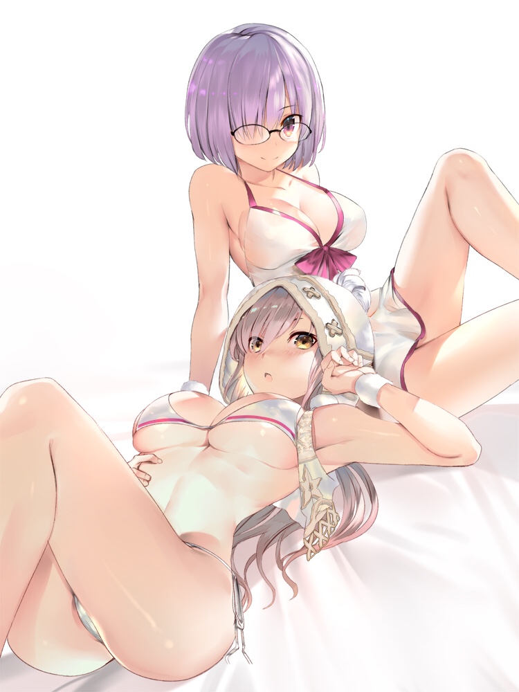 2girls ass bangs bare_shoulders bikini blush bow breasts character_request cleavage closed_mouth collarbone dress_swimsuit fate/grand_order fate_(series) glasses hair_over_one_eye hips hood large_breasts lavender_hair long_hair looking_at_viewer lying mash_kyrielight multiple_girls on_back open_mouth pink_bow short_hair silver_hair simple_background sitting smile swimsuit swimsuit_of_perpetual_summer teddy_(khanshin) thighs violet_eyes waist white_background white_bikini yellow_eyes