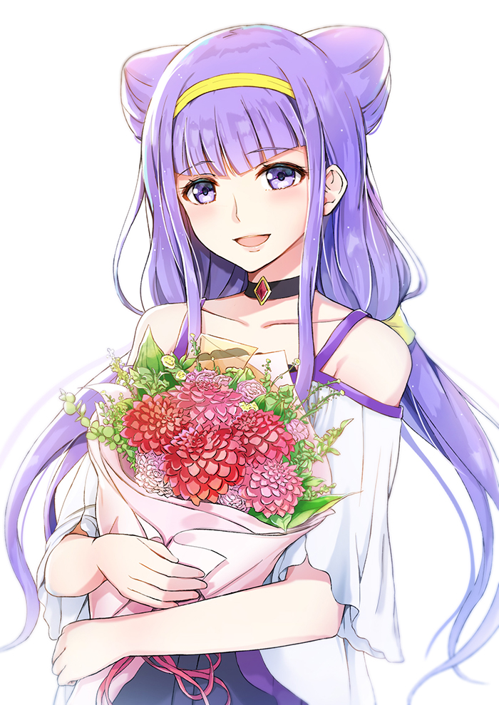 1girl :d bangs black_choker blunt_bangs bouquet choker collarbone commentary_request double_bun eyebrows_visible_through_hair flower hairband holding holding_bouquet hugtto!_precure long_hair looking_at_viewer low_twintails open_mouth precure purple_hair ruru_amour simple_background smile solo tokeshi twintails violet_eyes white_background yellow_hairband