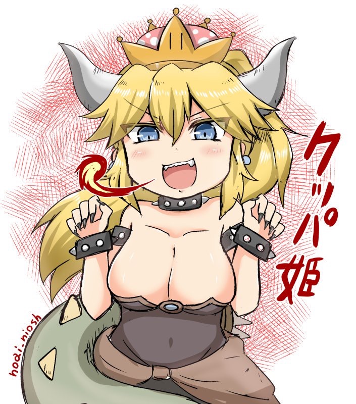 1girl :d artist_name bangs black_dress black_nails blonde_hair blue_eyes blush bowsette bracelet breasts cleavage collar commentary_request crown dress earrings eyebrows_visible_through_hair fangs fingernails fire genderswap genderswap_(mtf) hair_between_eyes hands_up horns jewelry large_breasts super_mario_bros. mini_crown nail_polish new_super_mario_bros._u_deluxe nintendo noai_nioshi open_mouth sharp_teeth signature smile solo spiked_bracelet spiked_collar spiked_tail spikes strapless strapless_dress super_crown teeth translated v-shaped_eyebrows