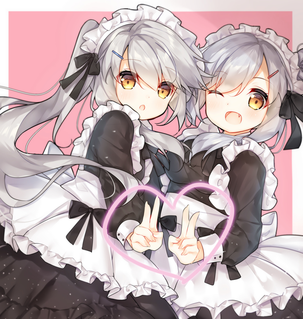 2girls :o ;d alternate_costume apron bangs black_bow black_dress bow breasts commentary_request dress dutch_angle enmaided eyebrows_visible_through_hair fang fingernails frilled_apron frills gradient gradient_background grey_background hair_between_eyes hair_ornament hairclip heart long_hair long_sleeves looking_at_viewer looking_to_the_side maid maid_headdress medium_breasts multiple_girls ning_hai_(zhan_jian_shao_nyu) one_eye_closed open_mouth parted_lips ping_hai_(zhan_jian_shao_nyu) pink_background side_ponytail silver_hair smile tengxiang_lingnai two-tone_background v very_long_hair waist_apron white_apron white_background zhan_jian_shao_nyu