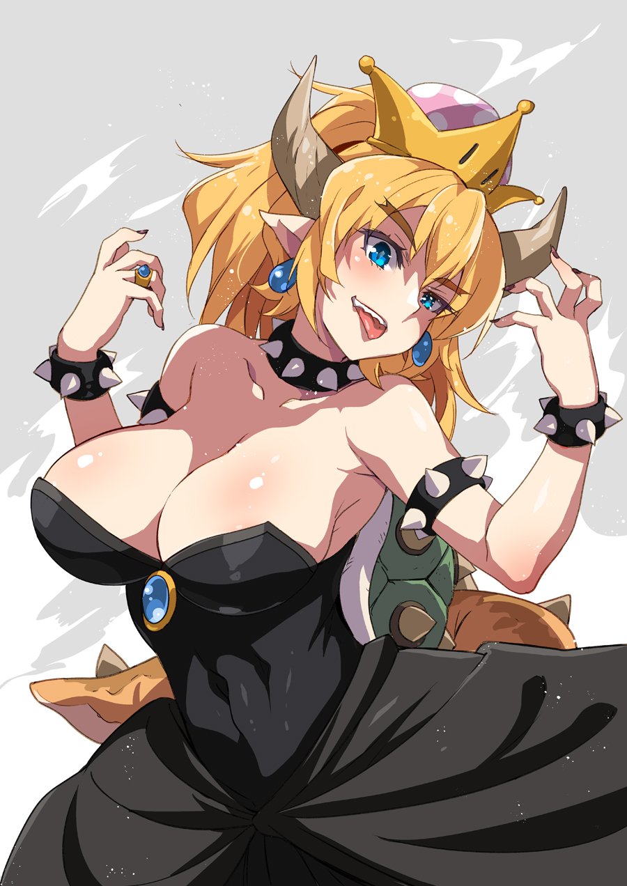 1girl armlet bangs bare_shoulders black_dress blonde_hair blue_eyes blush body_blush bowser bowsette bracelet breasts cleavage collar collarbone covered_navel crown dress earrings eyebrows_visible_through_hair fingernails genderswap genderswap_(mtf) highres horns inue_shinsuke jewelry large_breasts long_hair looking_at_viewer super_mario_bros. nail_polish new_super_mario_bros._u_deluxe nintendo ring sharp_fingernails sharp_teeth shiny shiny_clothes shiny_hair shiny_skin solo spiked_armlet spiked_bracelet spiked_collar spiked_shell spiked_tail spikes super_crown super_mario_bros. tail teeth turtle_shell