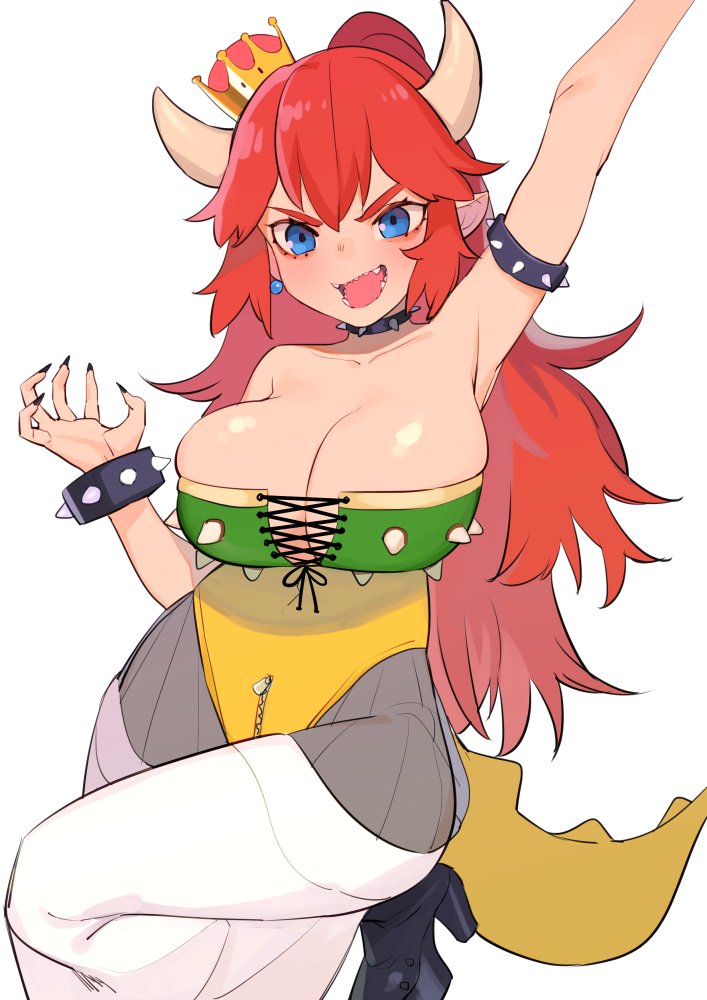 1girl :d armpits bangs bare_shoulders black_footwear blue_eyes bowsette bracelet breasts collar corset fangs hand_up high_heels horns jewelry juz large_breasts leotard lizard_tail looking_at_viewer super_mario_bros. nintendo open_mouth pants pantyhose pointy_ears redhead simple_background smile solo spiked_bracelet spiked_collar spikes standing standing_on_one_leg super_mario_bros. tail white_background zipper