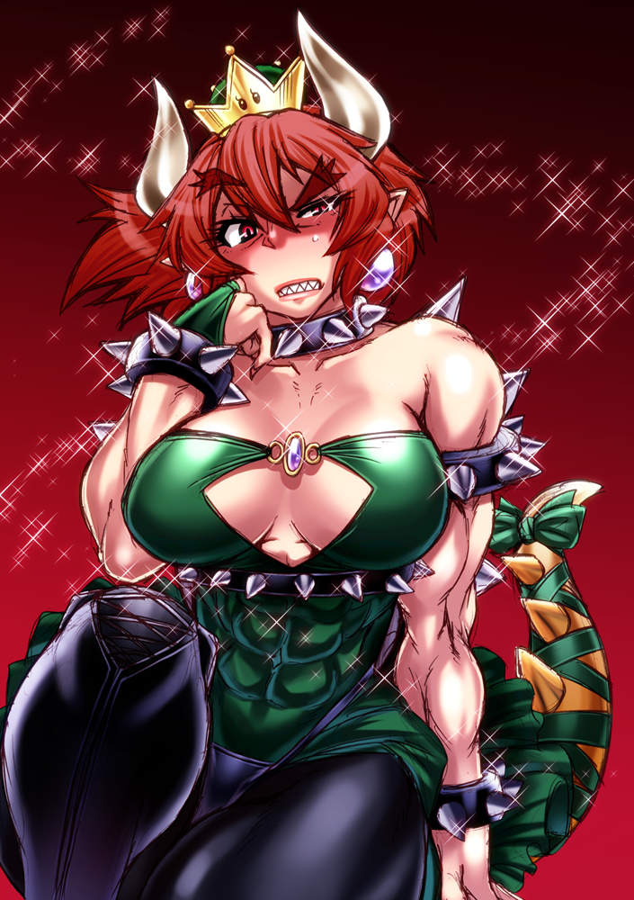 1girl abs bare_shoulders biceps borrowed_design bowsette bracelet breasts chiba_toshirou choker cleavage cleavage_cutout collarbone covered_mouth crown genderswap genderswap_(mtf) horns jewelry large_breasts looking_at_viewer super_mario_bros. mini_crown muscle muscular_female new_super_mario_bros._u_deluxe nintendo sharp_teeth sparkle spiked_armlet spiked_bracelet spiked_choker spiked_tail spikes super_crown super_mario_bros. tail teeth thick_eyebrows