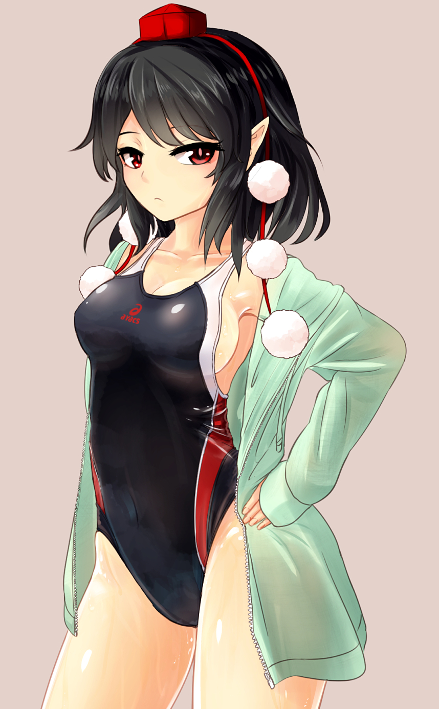 1girl black_hair black_swimsuit breasts competition_swimsuit grey_background hand_on_hip hat highres hood hooded_jacket hoodie jacket looking_at_viewer medium_breasts nama_shirasu one-piece_swimsuit pointy_ears pom_pom_(clothes) red_eyes shameimaru_aya short_hair simple_background solo swimsuit tokin_hat touhou