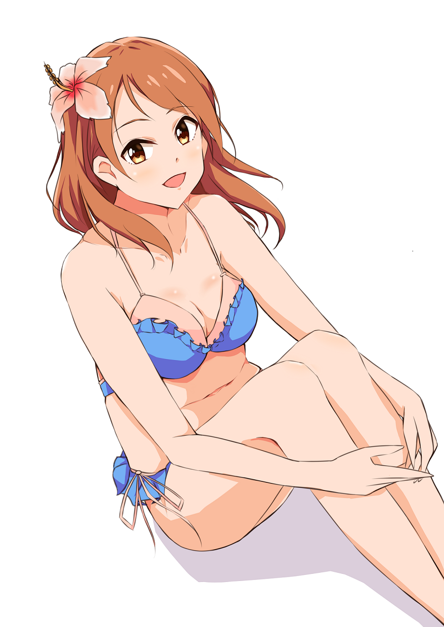 1girl :d bangs bikini blue_bikini breasts brown_eyes brown_hair cleavage collarbone floating_hair flower frilled_bikini frills hair_flower hair_ornament hibiscus highres houjou_karen idolmaster idolmaster_cinderella_girls long_hair looking_at_viewer medium_breasts nemo_1988 open_mouth pink_flower pink_ribbon ribbon shiny shiny_hair shiny_skin simple_background sitting sketch smile solo swept_bangs swimsuit white_background