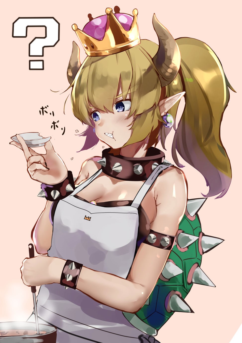 1girl ? apron bangs bare_shoulders blonde_hair blue_eyes blush bowsette bracelet breasts cleavage collar commentary_request cooking crown earrings eating hair_between_eyes highres horns jewelry ladle large_breasts long_hair looking_away new_super_mario_bros._u_deluxe nintendo nintendo_ead open_mouth pink_background pirapirapirapira pointy_ears ponytail pot sharp_teeth sidelocks simple_background solo spiked_bracelet spiked_collar spiked_shell spikes super_crown tasting teeth translated v-shaped_eyebrows white_apron you're_doing_it_wrong