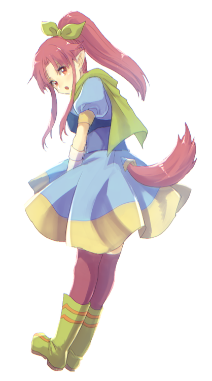 1girl :o blue_dress boots bow breasts cape commentary_request dress elbow_gloves full_body gloves green_cape green_footwear green_ribbon hair_ribbon high_ponytail knee_boots leaning_forward long_hair looking_at_viewer millie_chliette murata_tefu open_mouth pink_eyes pink_hair pointy_ears ponytail purple_legwear ribbon sidelocks simple_background smile solo star_ocean star_ocean_first_departure