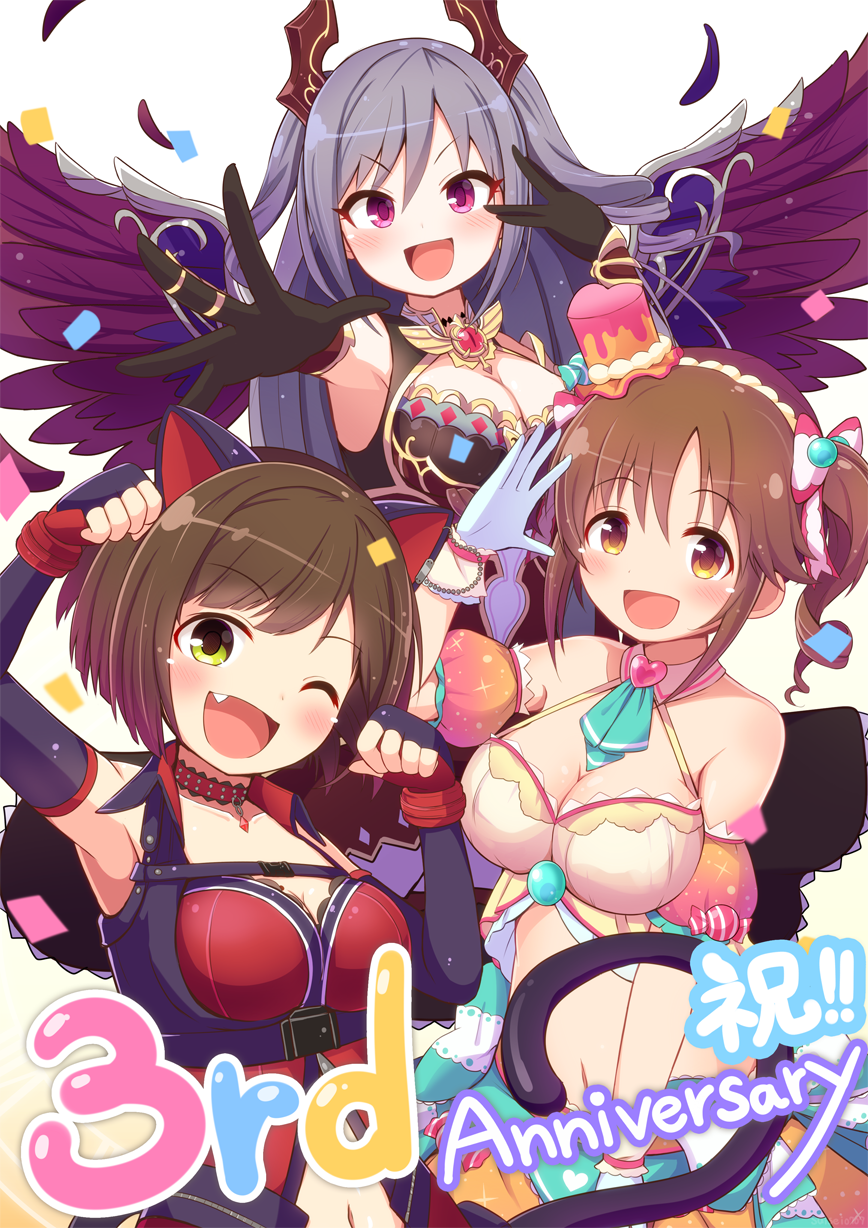 3girls animal_ears anniversary black_gloves blush breasts brown_eyes brown_hair cat_ears cleavage elbow_gloves eyebrows_visible_through_hair fake_animal_ears fingerless_gloves gloves green_eyes grey_hair highres idolmaster idolmaster_cinderella_girls idolmaster_cinderella_girls_starlight_stage kanzaki_ranko large_breasts long_hair looking_at_viewer maekawa_miku multiple_girls navel open_mouth pink_eyes qixi_cui_xing short_hair short_twintails smile totoki_airi twintails white_gloves