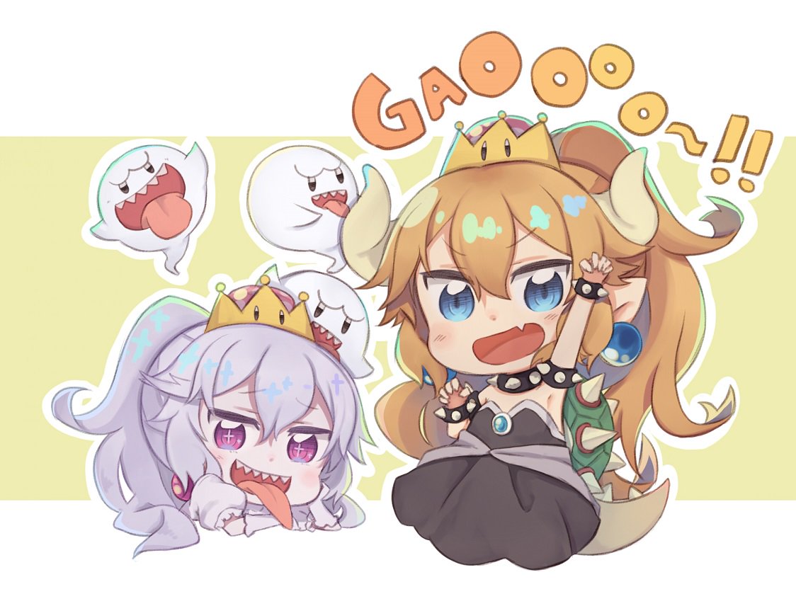 +_+ 2girls :p armpits arms_up baby_bowser blonde_hair blue_eyes blush boo bowsette bracelet character_request chibi collar commentary_request crown dress eyebrows_visible_through_hair fang gao genderswap genderswap_(mtf) hair_between_eyes horns humanization jewelry king_boo super_mario_bros. multiple_girls nintendo open_mouth pointy_ears sharp_teeth simple_background spiked_bracelet spiked_collar spikes tail teeth tongue tongue_out totatokeke turtle_shell violet_eyes white_hair
