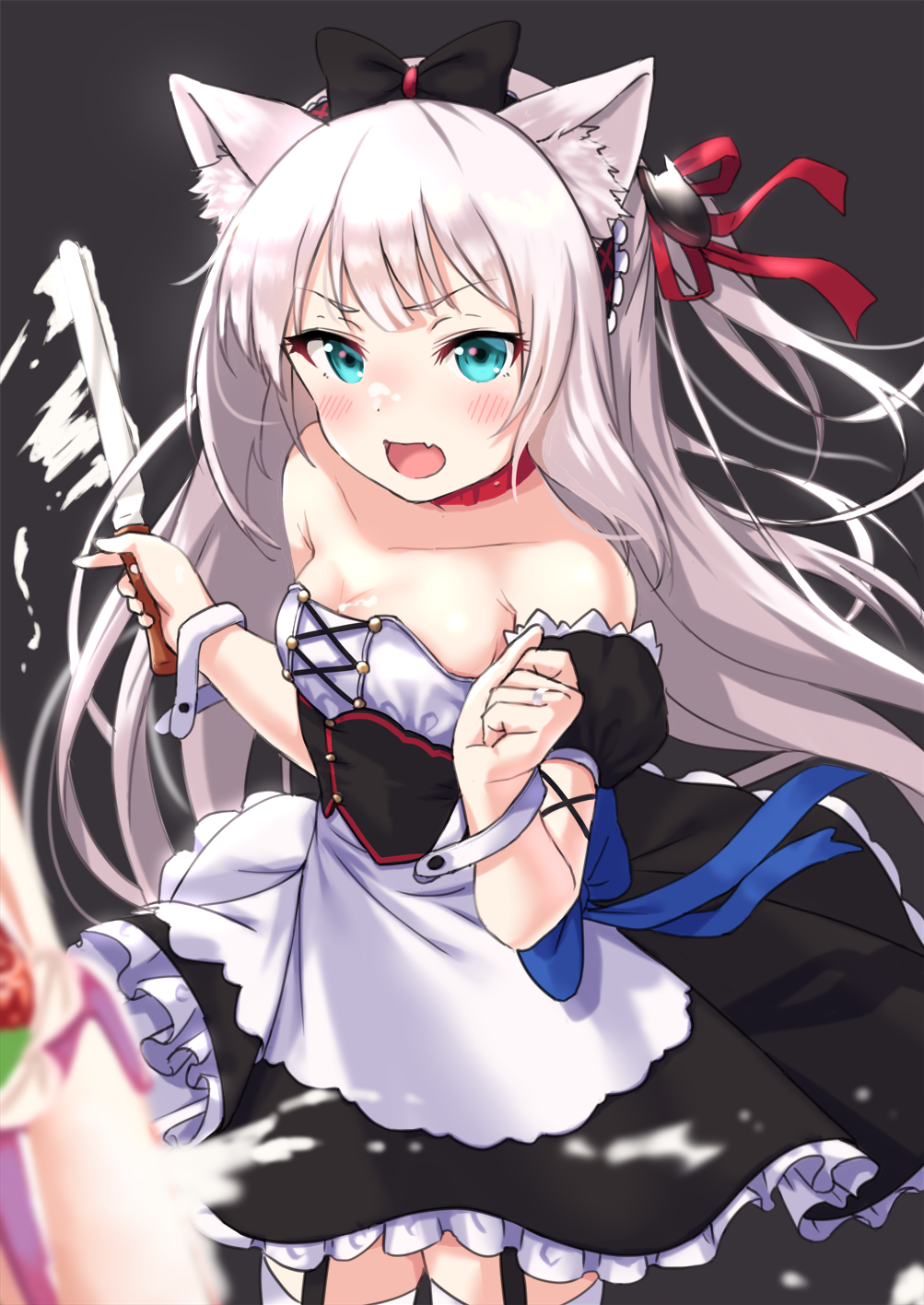 1girl azur_lane bangs bare_shoulders black_background black_dress blue_bow blue_eyes blurry blurry_foreground blush bow breasts cake cleavage commentary_request depth_of_field detached_sleeves dress eyebrows_visible_through_hair fang food garter_straps hair_ribbon hammann_(azur_lane) highres holding holding_knife jewelry knife long_hair medium_breasts one_side_up open_mouth puffy_short_sleeves puffy_sleeves red_ribbon remodel_(azur_lane) ribbon ring short_sleeves silver_hair simple_background slashing solo standing strapless strapless_dress thigh-highs tsukiman very_long_hair wedding_band white_legwear wrist_cuffs