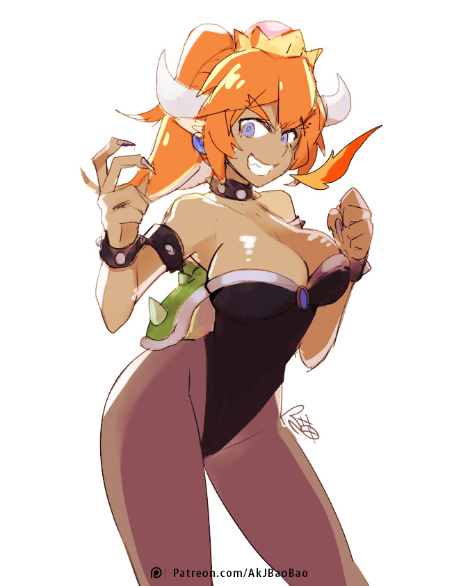 1girl aa2233a black_nails blue_eyes bowsette bracelet breasts brown_legwear cleavage clenched_hand collar crown dark_skin earrings genderswap genderswap_(mtf) hair_between_eyes hand_up hands_up horns jewelry large_breasts leotard looking_at_viewer super_mario_bros. nail_polish new_super_mario_bros._u_deluxe nintendo orange_hair pantyhose ponytail shell smile spiked_collar spikes standing super_crown super_mario_bros. thick_eyebrows watermark web_address white_background
