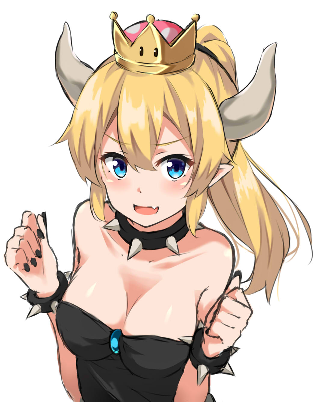 1girl bare_shoulders black_dress blonde_hair blue_eyes bowsette bracelet breasts collar commentary_request crown dress fang genderswap genderswap_(mtf) highres horns jewelry kohakope large_breasts looking_at_viewer super_mario_bros. new_super_mario_bros._u_deluxe nintendo ponytail simple_background solo spiked_bracelet spiked_collar spikes strapless strapless_dress super_crown upper_body white_background