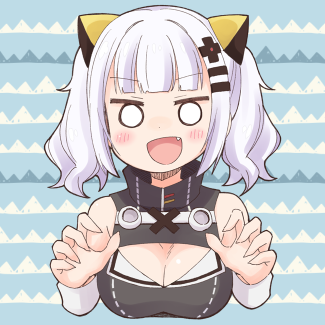 1girl :d bangs black_dress breasts claw_pose cleavage cleavage_cutout dress eyebrows_visible_through_hair fang fingernails hair_ornament hairclip hands_up kaguya_luna kaguya_luna_(character) large_breasts nekotoufu o_o open_mouth sidelocks silver_hair sleeveless sleeveless_dress smile solo twintails upper_body v-shaped_eyebrows virtual_youtuber