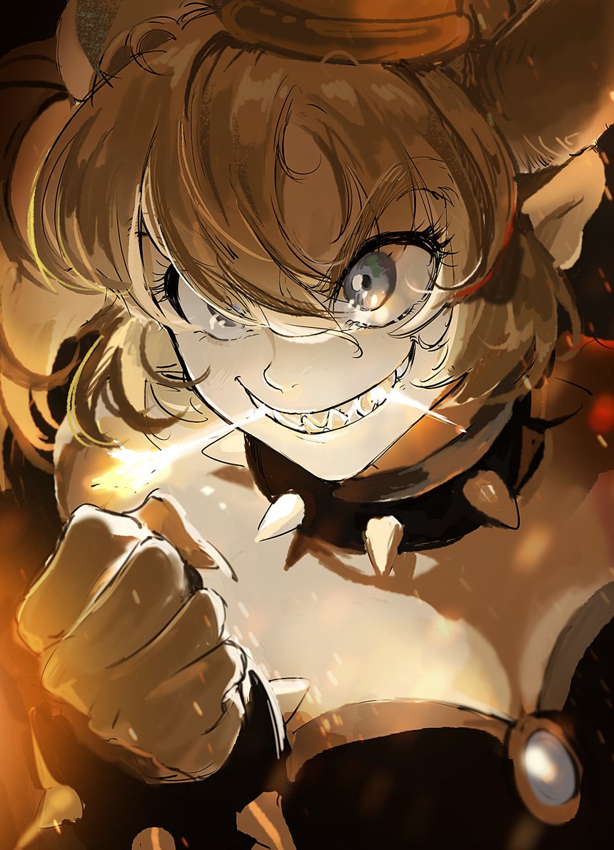 1girl bangs bare_shoulders bayashiko black_dress blonde_hair blue_eyes borrowed_design bowser bowsette bracelet breasts breathing_fire cleavage clenched_hand clenched_teeth collar commentary_request crown dress eyebrows_visible_through_hair fire genderswap genderswap_(mtf) hair_between_eyes horns jewelry large_breasts super_mario_bros. new_super_mario_bros._u_deluxe nintendo sharp_teeth smile spiked_bracelet spiked_collar spikes strapless strapless_dress super_crown super_mario_bros. teeth