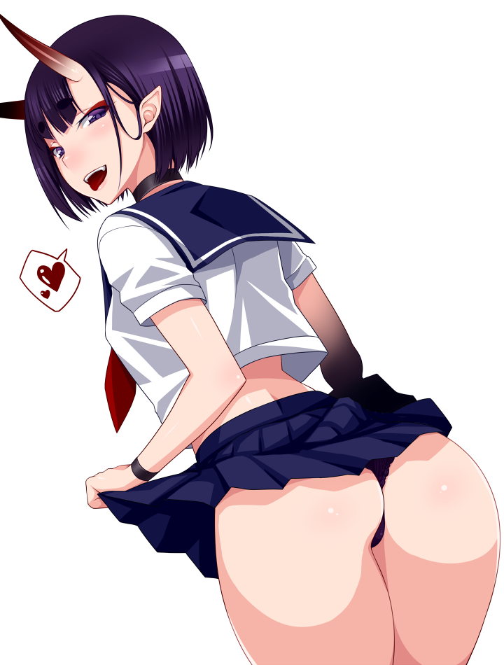 1girl alternate_costume ass blue_skirt bob_cut fate/grand_order fate_(series) from_behind heart horns looking_back namidame oni oni_horns over_shoulder panties pantyshot pantyshot_(standing) pleated_skirt pointy_ears purple_hair purple_panties sailor_collar school_uniform serafuku short_hair short_sleeves shuten_douji_(fate/grand_order) skirt solo spoken_heart standing tongue tongue_out underwear violet_eyes