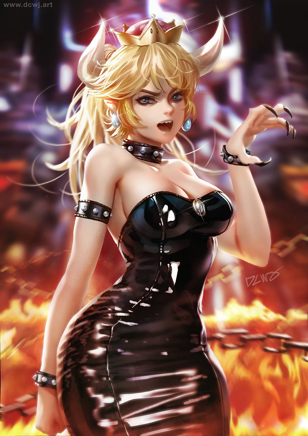 1girl adapted_costume backlighting bangs bare_shoulders black_dress black_nails blonde_hair blue_eyes blurry blurry_background borrowed_character bowsette bracelet breasts brooch chains claw_pose cleavage clenched_hand collar commentary cowboy_shot dcwj dress earrings english_commentary eyelashes eyeliner eyeshadow fingernails fire frown hand_up highres horns jewelry light_particles long_ponytail looking_at_viewer makeup medium_breasts nail_polish new_super_mario_bros._u_deluxe nintendo nose sharp_fingernails sharp_teeth shiny shiny_clothes shiny_skin short_dress short_hair sidelocks signature solo sparkle spiked_bracelet spiked_collar spikes super_crown teeth tight_dress