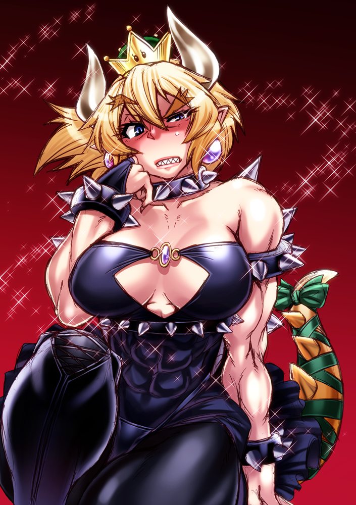 1girl abs bare_shoulders biceps borrowed_design bowsette bracelet breasts chiba_toshirou choker cleavage cleavage_cutout collarbone covered_mouth crown genderswap genderswap_(mtf) horns jewelry large_breasts looking_at_viewer super_mario_bros. mini_crown muscle muscular_female new_super_mario_bros._u_deluxe nintendo sharp_teeth sparkle spiked_armlet spiked_bracelet spiked_choker spiked_tail spikes super_crown super_mario_bros. tail teeth thick_eyebrows