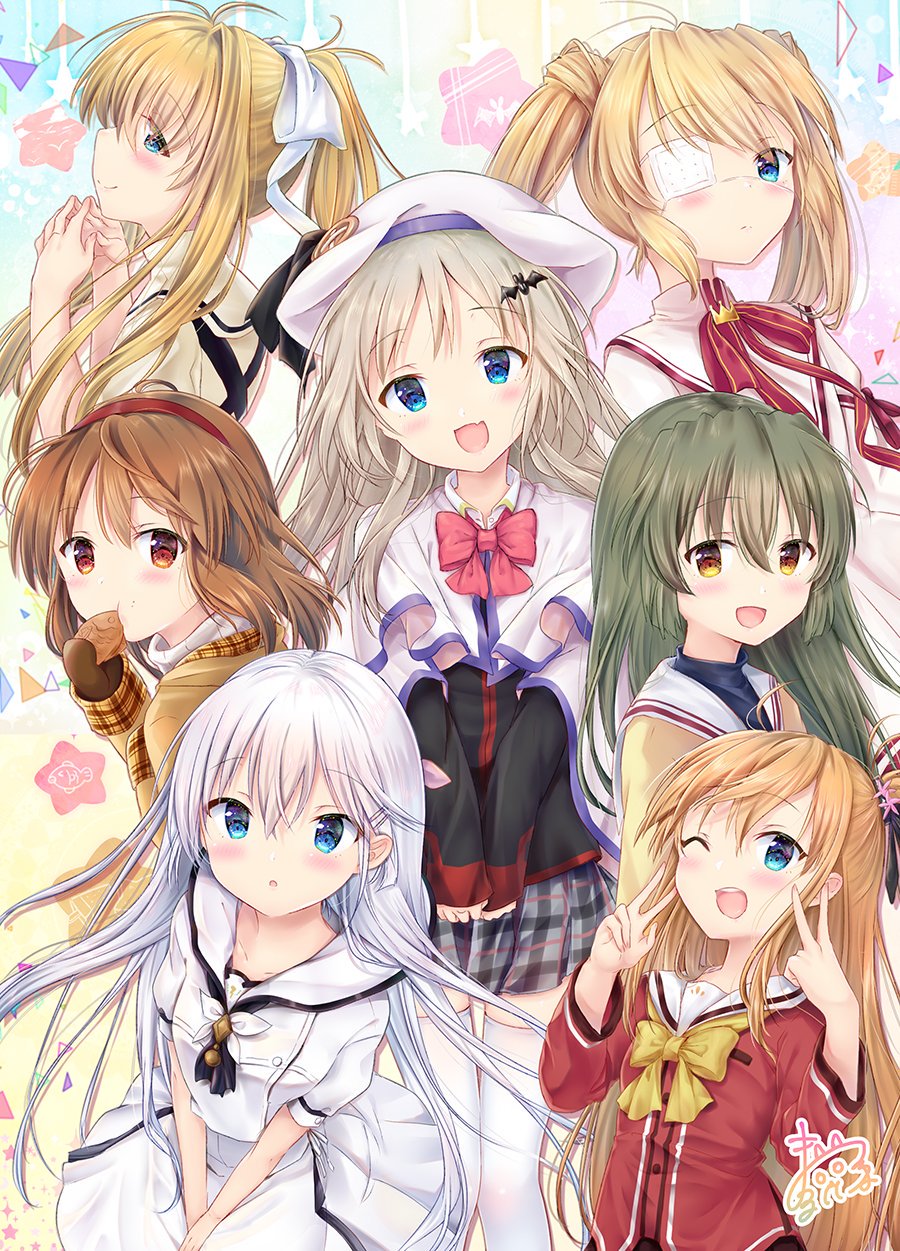 6+girls air backpack bag black_hair blonde_hair blue_eyes bow brown_hair cape charlotte_(anime) clannad closed_eyes coat crossover dress eyepatch food green_hair hair_ornament hair_ribbon hairband hat heterochromia highres hikarizaka_private_high_school_uniform hoshinoumi_academy_uniform ibuki_fuuko kamio_misuzu kanon key_(company) little_busters!! long_hair long_sleeves looking_at_viewer maruma_(maruma_gic) mittens multiple_girls nakatsu_shizuru naruse_shiroha nishimori_yusa noumi_kudryavka open_mouth pink_bow plaid plaid_skirt ponytail red_eyes rewrite ribbon sailor_dress school_uniform serafuku short_hair side_ponytail silver_hair skirt summer_pockets thigh-highs tsukimiya_ayu twintails upper_body very_long_hair wagashi white_legwear yellow_eyes