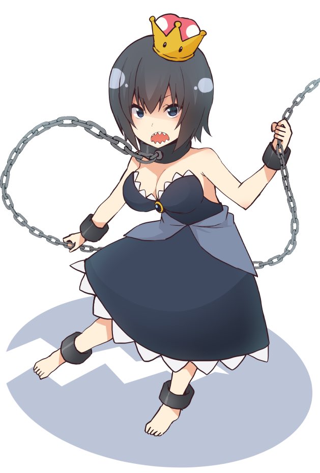 1girl bangs bare_shoulders black_dress black_hair blue_eyes breasts chains cleavage commentary_request crown cuffs dress eyebrows_visible_through_hair full_body hair_between_eyes large_breasts super_mario_bros. mini_crown nagami_yuu new_super_mario_bros._u_deluxe nintendo open_mouth princess_chain_chomp sharp_teeth short_hair solo standing strapless strapless_dress super_crown teeth white_background