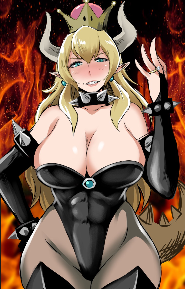 1girl abs aqua_eyes bdsm blonde_hair blush bondage bound bowsette breasts bridal_gauntlets collar crown genderswap grin hand_on_hip horns hors jewelry large_breasts lips looking_at_viewer super_mario_bros. navel nintendo pointy_ears ring shibusun smile solo tail