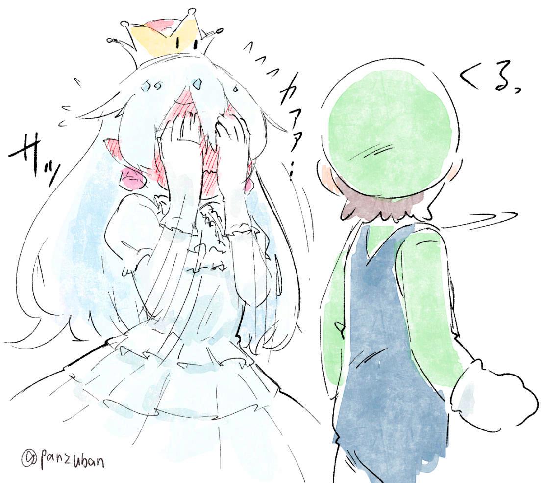1boy 1girl blush brown_hair clenched_hand commentary covering_eyes covering_face crown dress ear_blush frills full-face_blush gloves hat long_hair looking_at_another looking_back luigi luigi's_mansion super_mario_bros. motion_lines new_super_mario_bros._u_deluxe nintendo panzuban pointy_ears princess_king_boo puffy_short_sleeves puffy_sleeves short_sleeves simple_background sketch super_crown twitter_username wavy_mouth white_background white_dress white_hair