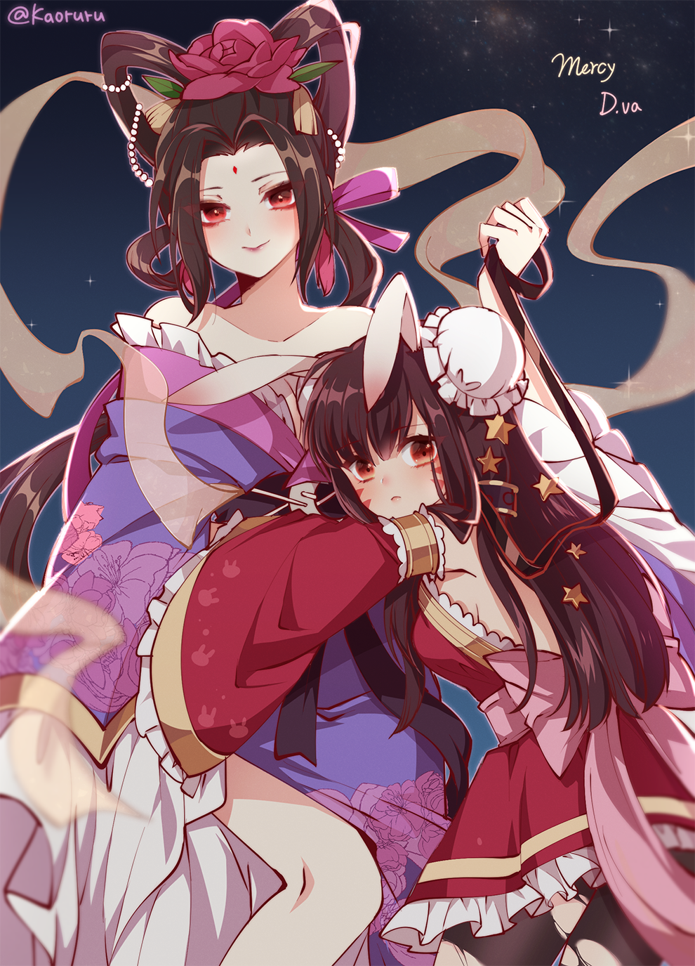 2girls :&gt; alternate_costume animal_ears atobesakunolove bangs bare_shoulders blush brown_eyes brown_hair character_name closed_mouth commentary_request d.va_(overwatch) detached_sleeves double_bun floral_print flower hair_flower hair_ornament hair_ribbon highres holding hug japanese_clothes kimono leash long_hair long_sleeves looking_at_viewer mercy_(overwatch) multiple_girls off_shoulder overwatch pantyhose parted_bangs ponytail purple_kimono purple_ribbon rabbit_ears red_flower ribbon smile torn_clothes torn_pantyhose twitter_username wide_sleeves