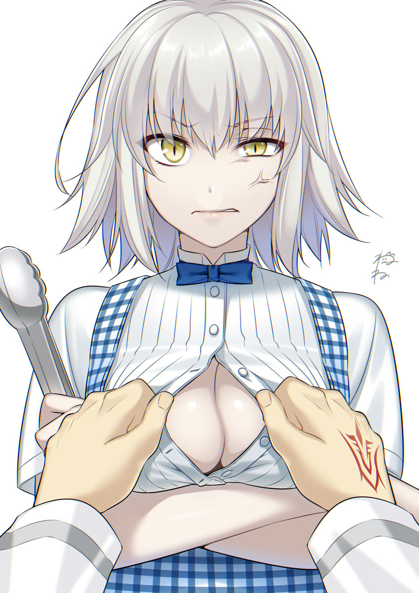 1girl alternate_costume anger_vein angry anna_miller apron bangs blue_neckwear blue_ribbon blush bow bowtie breasts collared_shirt commentary_request contemporary crossed_arms eyebrows_visible_through_hair fate/grand_order fate_(series) hands highres jeanne_d'arc_(alter)_(fate) jeanne_d'arc_(fate)_(all) kobeya koubeya_uniform large_breasts looking_at_viewer open_clothes open_shirt pale_skin pink_lips plaid plaid_apron ribbon shiny shiny_skin shirt short_hair signature silver_hair simple_background slit_pupils striped suzuki_nene upper_body vertical_stripes waitress white_shirt