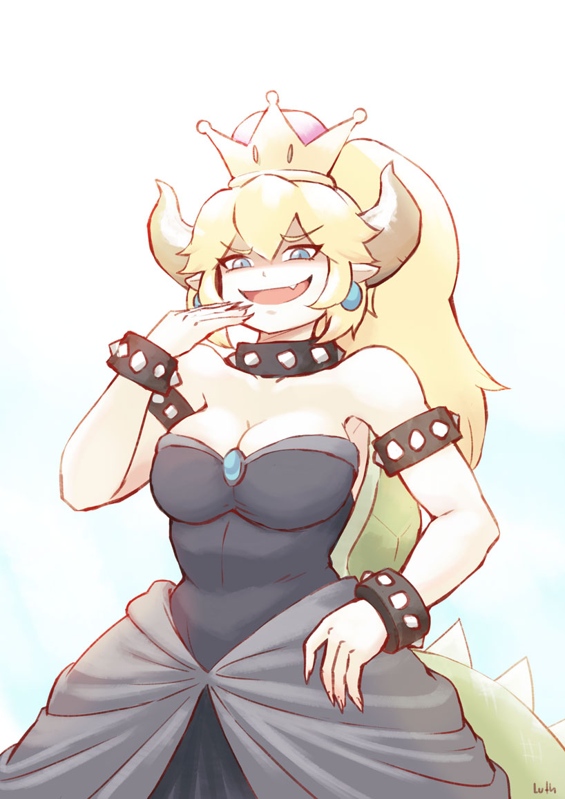 1girl :d bare_shoulders black_dress blonde_hair blue_eyes bowsette bracelet breasts cleavage covering_mouth crown dress earrings fang fingernails grin hand_over_own_mouth hand_up horns jewelry large_breasts looking_at_viewer lutherniel super_mario_bros. nintendo open_mouth pointy_ears sharp_fingernails shell signature slit_pupils small_breasts smile smug solo spiked_bracelet spikes strapless strapless_dress super_crown