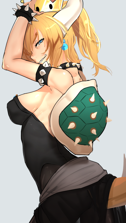 1girl backless_dress backless_outfit black_dress blonde_hair blue_eyes bowsette bracelet breasts collar commentary crown dragon_tail dress earrings horns i-pan jewelry super_mario_bros. muscle narrowed_eyes new_super_mario_bros._u_deluxe nintendo ponytail sharp_teeth solo spiked_bracelet spiked_collar spikes super_crown tail teeth