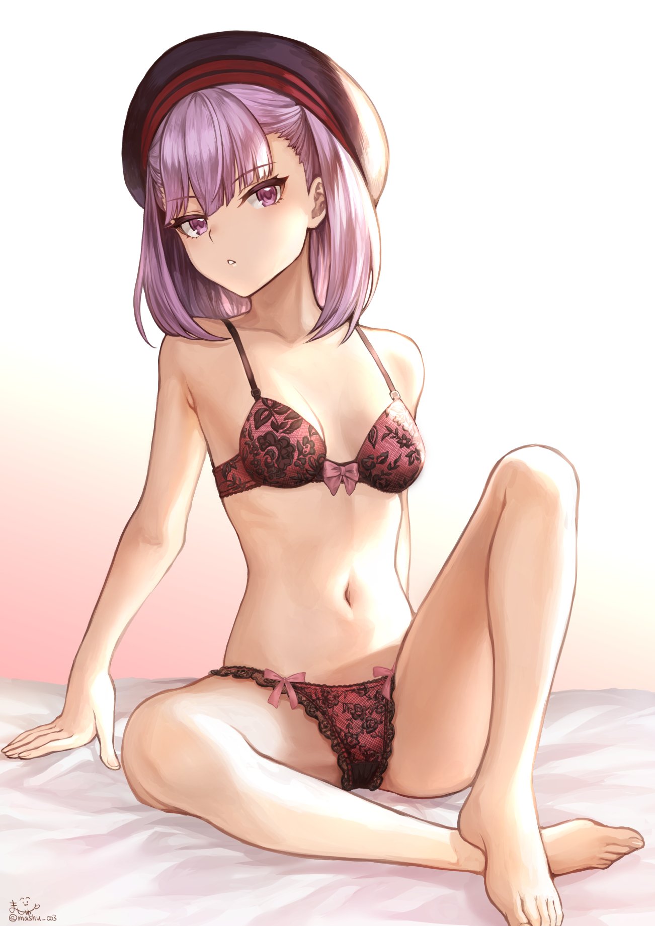 1girl arm_support bangs bare_arms bare_legs bare_shoulders barefoot bed bed_sheet black_hat blush bra breasts cleavage collarbone commentary_request eyebrows_visible_through_hair fate/grand_order fate_(series) floral_print gradient gradient_background groin hat head_tilt helena_blavatsky_(fate/grand_order) highres lingerie looking_at_viewer mashu_003 midriff navel panties purple_bra purple_hair purple_panties rose_print short_hair signature sitting small_breasts solo stomach thighs toes twitter_username underwear underwear_only violet_eyes