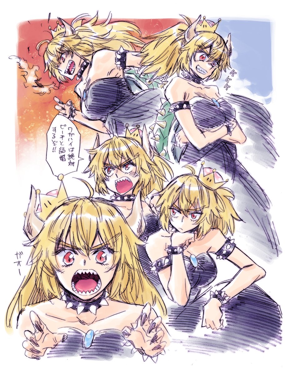 1girl ahoge bare_shoulders black_dress blonde_hair blue_eyes borrowed_character borrowed_design bowser bowsette bracelet breasts breath breathing_fire brooch choker claw_pose cleavage collar collarbone crossed_arms crown dress expressions eyebrows_visible_through_hair fingernails fire gao genderswap genderswap_(mtf) grin hair_between_eyes highres horns jewelry long_fingernails long_hair super_mario_bros. nail_polish new_super_mario_bros._u_deluxe nintendo open_mouth ponytail red_eyes sharp_teeth shell smile speech_bubble strapless strapless_dress studded_bracelet studded_collar takanashi_ringo teeth translated