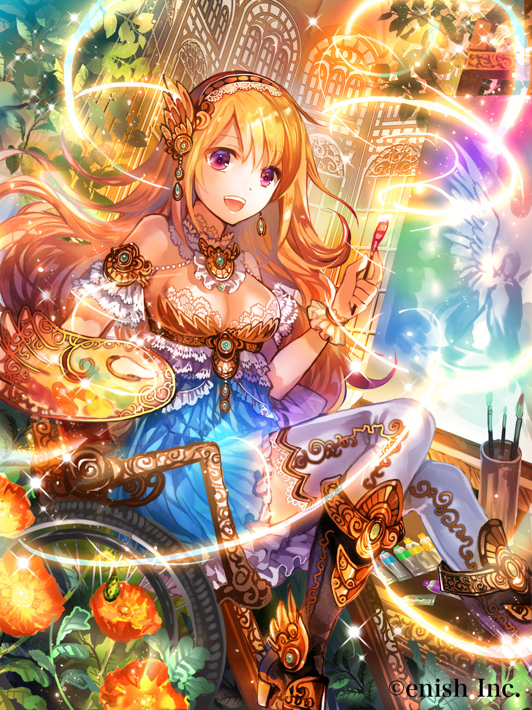 1girl :d arm_strap black_footwear blonde_hair blue_dress breasts choker cleavage dragon_tactics dress earrings floating_hair frilled_dress frills hairband highres holding jewelry long_hair medium_breasts official_art open_mouth rioka_(southern_blue_sky) short_dress sitting smile solo strapless thigh-highs very_long_hair violet_eyes wheelchair white_legwear zettai_ryouiki