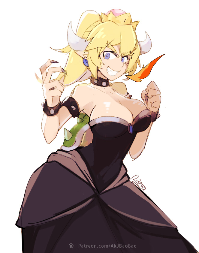 1girl aa2233a armlet black_dress black_nails blonde_hair blue_eyes bowsette bracelet breasts breathing_fire cleavage clenched_hand collar crown dress earrings fire genderswap genderswap_(mtf) hand_up horns jewelry large_breasts looking_at_viewer super_mario_bros. medium_hair nail_polish new_super_mario_bros._u_deluxe nintendo ponytail shell smile spiked_armlet spiked_bracelet spiked_collar spikes standing super_crown super_mario_bros. watermark web_address white_background
