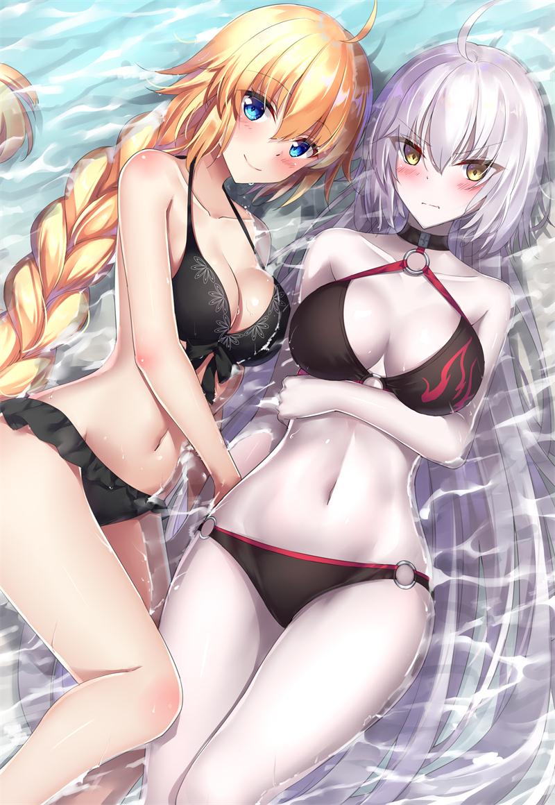 2girls ahoge arm_under_breasts bangs bare_arms bare_shoulders bikini black_bikini black_choker blonde_hair blue_eyes blush braid breast_hold breasts brown_eyes choker closed_mouth collarbone commentary_request eyebrows_visible_through_hair fate/grand_order fate_(series) hair_between_eyes jeanne_d'arc_(alter_swimsuit_berserker) jeanne_d'arc_(fate)_(all) jeanne_d'arc_(swimsuit_archer) large_breasts long_hair looking_at_viewer lying multiple_girls navel o-ring o-ring_bikini o-ring_bottom o-ring_top on_back on_side pale_skin partially_submerged rong_yi_tan shallow_water silver_hair single_braid smile swimsuit very_long_hair water