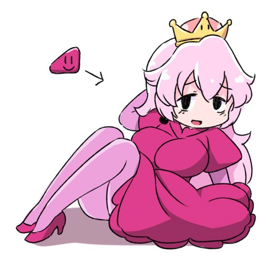 1girl commentary crown dress gabyo_nuno high_heels looking_at_viewer super_mario_bros. nintendo personification pink_hair pink_legwear sitting solo super_crown super_mario_world white_background