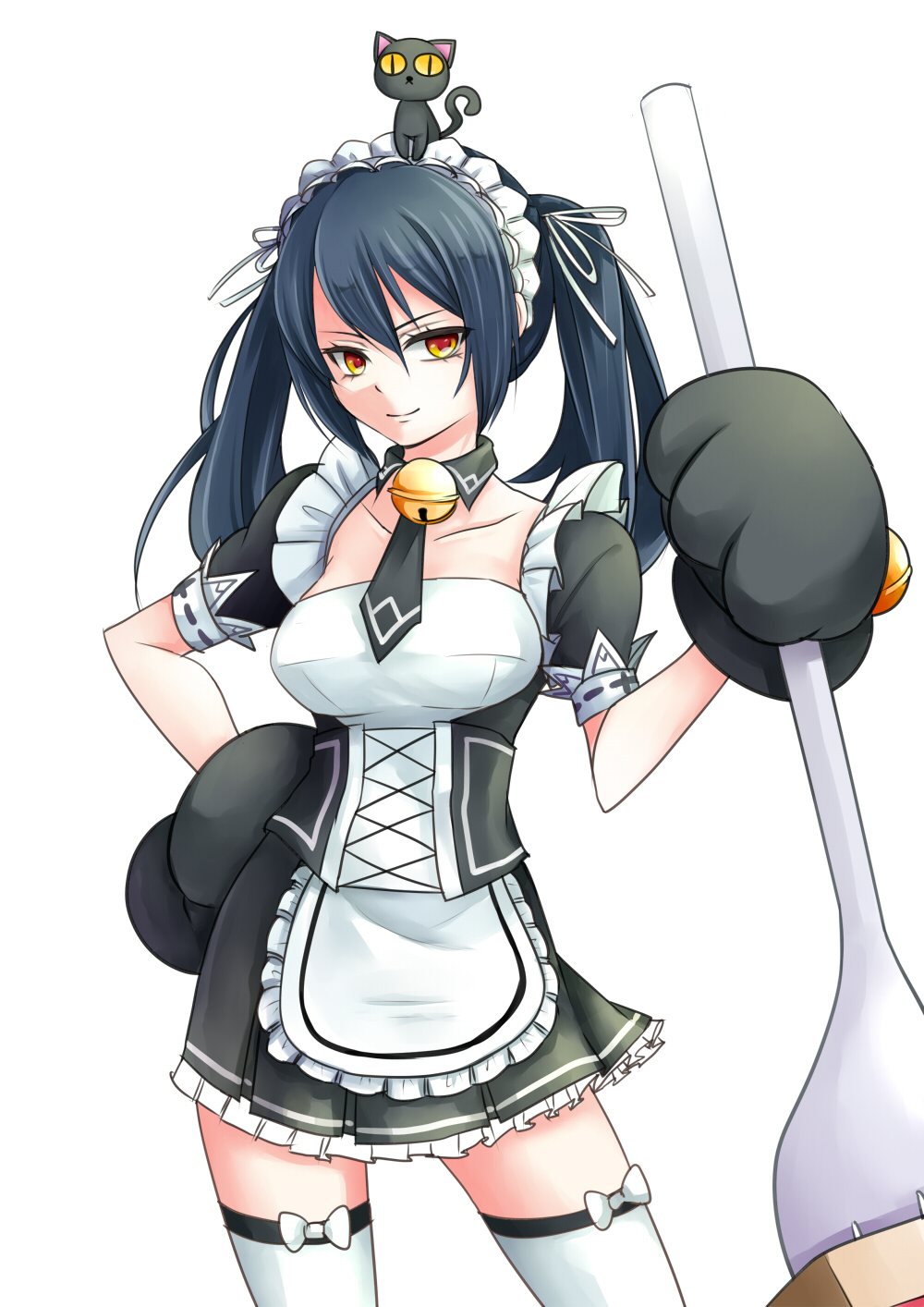 1girl animal animal_on_head apron bell black_cat black_hair cat cat_on_head collarbone elesis_(elsword) elsword fork gloves highres holding holding_weapon kumataro maid maid_apron maid_headdress on_head paw_gloves paws smile twintails weapon