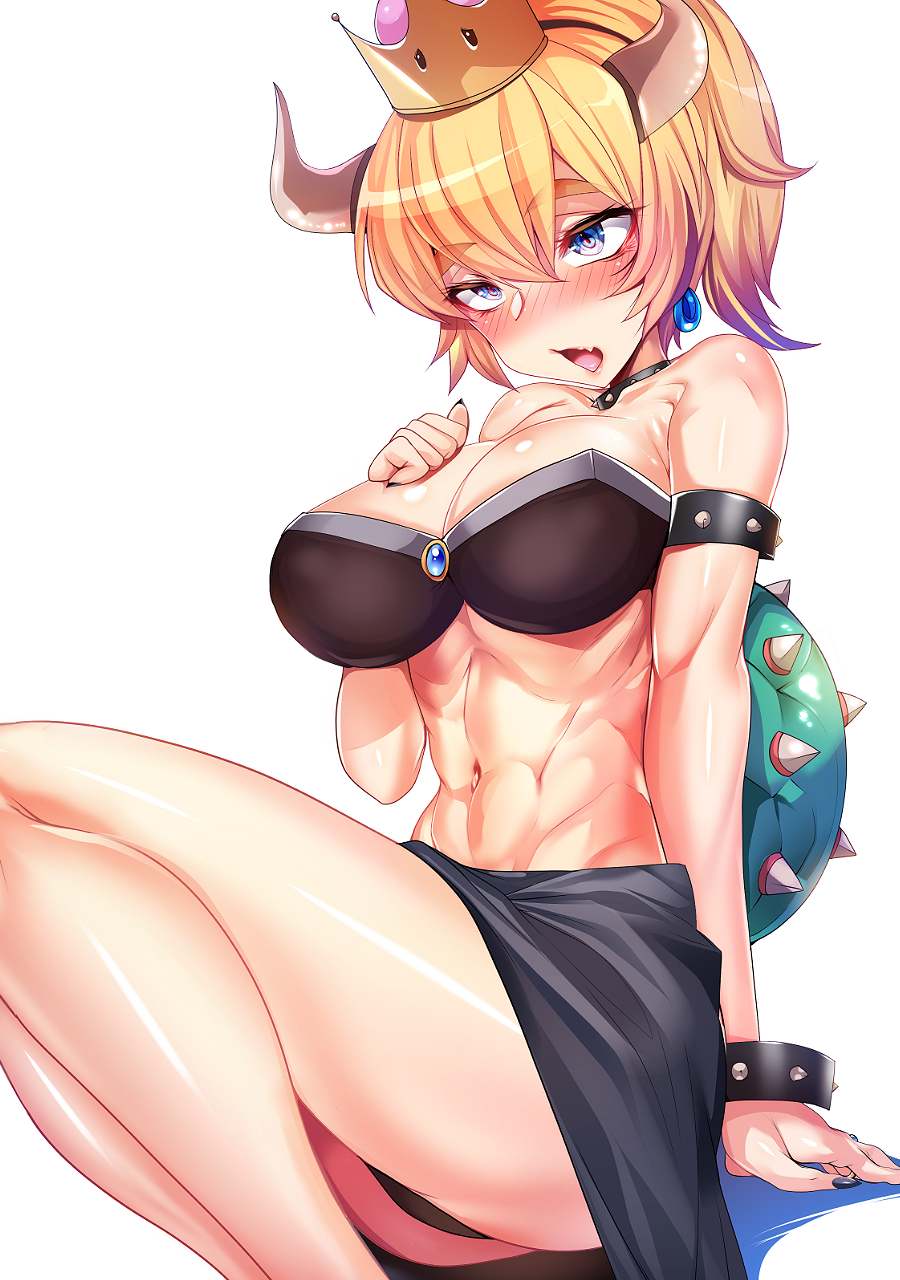 1girl abs adapted_costume armlet ass bare_shoulders black_dress black_nails black_panties blonde_hair blue_eyes borrowed_design bowsette bracelet breasts cleavage collar crown dress dress_pull earrings eyebrows_visible_through_hair fang flying_heart flying_sweatdrops highres horns jewelry large_breasts super_mario_bros. muscle nail_polish new_super_mario_bros._u_deluxe nintendo open_mouth panties ponytail sapphire_(stone) scratching_cheek sharp_nails sharp_teeth shiny shiny_skin silly_(marinkomoe) simple_background sitting smile spiked_armlet spiked_bracelet spiked_collar spikes super_crown super_mario_bros. teeth thick_eyebrows thighs toned tongue turtle_shell underwear white_background