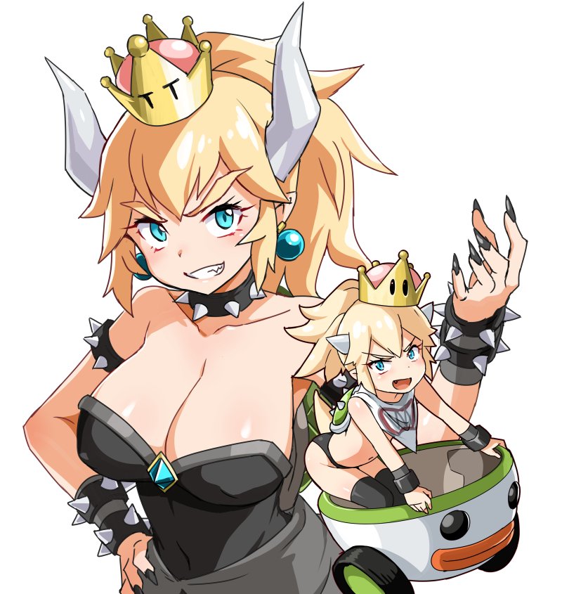 2girls armlet bare_shoulders black_dress black_nails blonde_hair blue_eyes borrowed_design bowser bowser_jr. bowsette bracelet breasts brown_hair cleavage collar crown dress earrings facial_hair fang genderswap genderswap_(mtf) grin horns jewelry koopa_clown_car koopa_shell large_breasts long_hair looking_at_viewer super_mario_bros. multiple_girls nail_polish new_super_mario_bros._u_deluxe nintendo petanko ponytail riding scarf shirtless simple_background smile spiked_armlet spiked_bracelet spiked_collar spikes super_crown super_mario_bros. sweat t_t thick_eyebrows thigh-highs upper_body white_background zaxwu