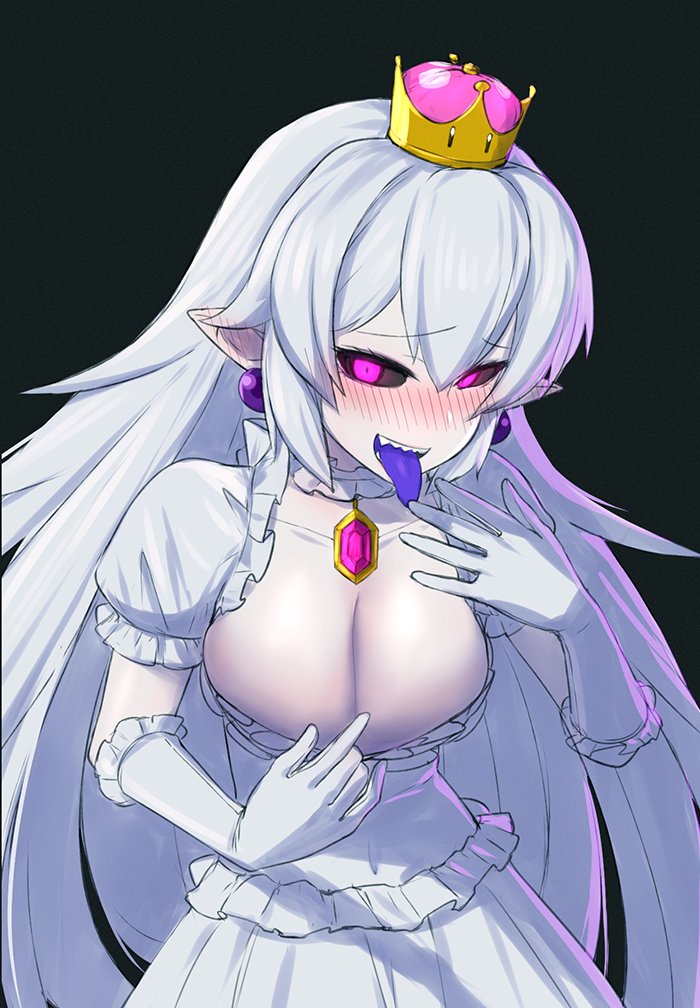1girl black_background black_sclera blush breasts cleavage crown dress_pull earrings eyebrows_visible_through_hair gem gloves glowing glowing_eyes hand_up iwahana jewelry large_breasts long_hair looking_at_viewer luigi's_mansion super_mario_bros. new_super_mario_bros._u_deluxe nintendo nose_blush pink_eyes pointy_ears princess_king_boo puffy_short_sleeves puffy_sleeves sharp_teeth short_sleeves silver_hair simple_background solo super_crown super_mario_bros. teeth tongue tongue_out upper_body very_long_hair white_gloves
