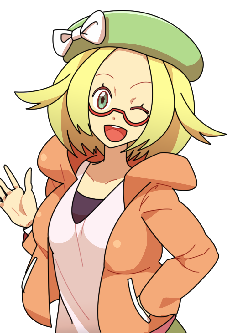 1girl alternate_eye_color bel_(pokemon) blonde_hair blue_eyes breasts commentary_request creatures_(company) game_freak glasses green_hat hat jacket medium_hair nintendo one_eye_closed open_mouth orange_jacket pokemon pokemon_(game) pokemon_bw pokemon_bw2 smile solo