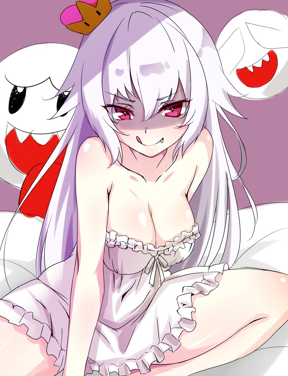 1girl :q aono_(f_i_s) bare_arms bare_shoulders bed_sheet boo breasts bright_pupils camisole cleavage covered_navel crown eyebrows_visible_through_hair fang_out highres large_breasts licking_lips long_hair looking_at_viewer luigi's_mansion super_mario_bros. new_super_mario_bros._u_deluxe night_gown nintendo princess_king_boo purple_background red_eyes silver_hair sitting smile solo super_crown super_mario_bros. tongue tongue_out