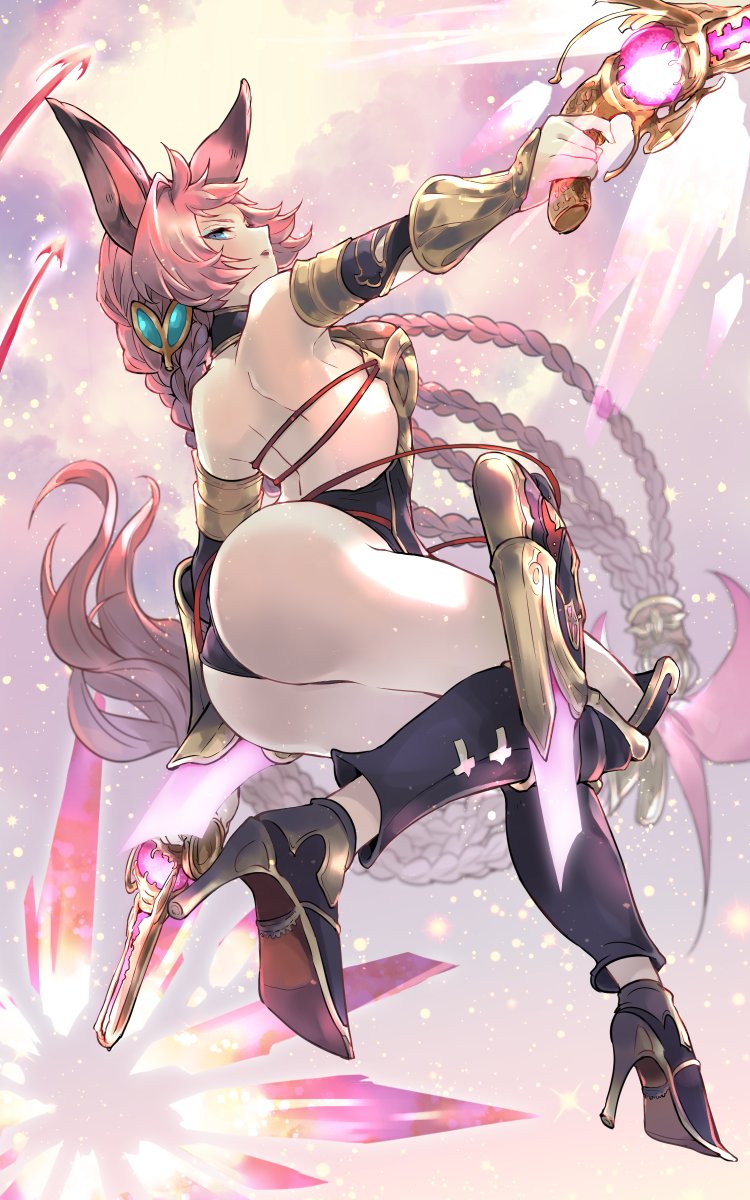 1girl ass back bare_shoulders blue_eyes braid dual_wielding erune esser granblue_fantasy gun hair_ornament handgun high_heels highres holding long_hair makeup pink_hair sayuco very_long_hair weapon