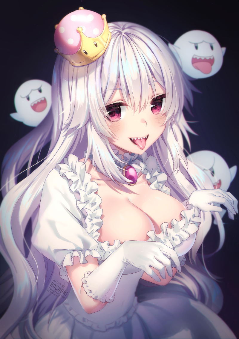 1girl :d artist_name bangs black_background blush boo breasts brooch cleavage collar collarbone crown detached_collar dress elbow_gloves eyebrows_visible_through_hair frilled_collar frilled_dress frilled_gloves frills gloves hair_between_eyes hands_up jewelry large_breasts long_hair looking_at_viewer luigi's_mansion super_mario_bros. mini_crown new_super_mario_bros._u_deluxe nintendo open_mouth princess_king_boo puffy_short_sleeves puffy_sleeves red_eyes rosuuri sharp_teeth short_sleeves silver_hair simple_background smile super_crown teeth tilted_headwear tongue tongue_out upper_body upper_teeth very_long_hair violet_eyes watermark web_address white_dress white_gloves