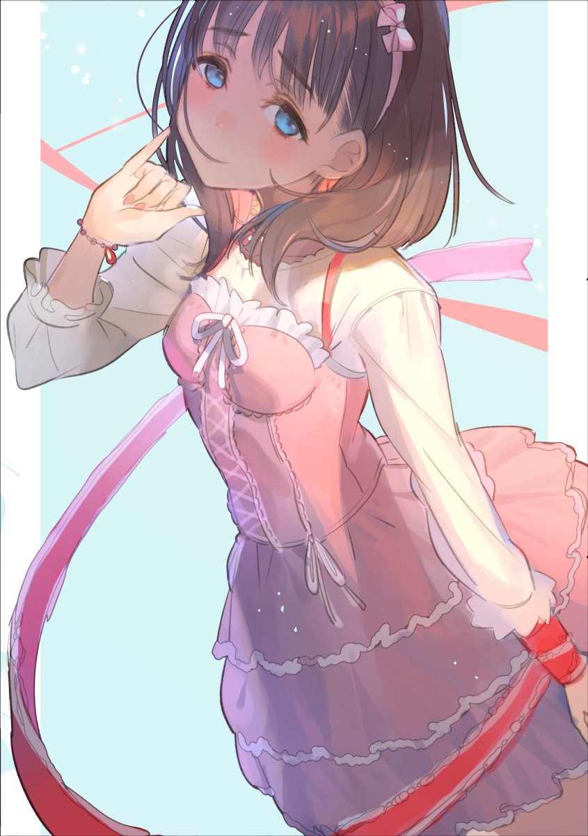 1girl blue_background blue_eyes blush bracelet brown_eyes commentary_request dress eyebrows_visible_through_hair from_side hair_over_mouth hairband hand_up highres idolmaster idolmaster_cinderella_girls idolmaster_cinderella_girls_starlight_stage jewelry koyoi_mitsuki layered_dress long_sleeves looking_at_viewer looking_to_the_side pink_dress pinky_out sakuma_mayu short_hair solo