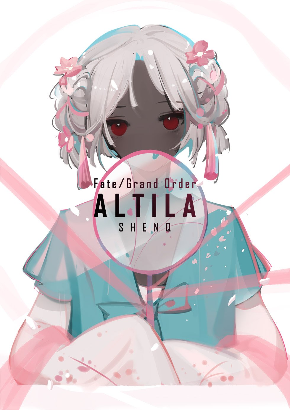 1girl altera_(fate) alternate_costume alternate_hairstyle character_name colorful commentary_request copyright_name dark_skin eyebrows_visible_through_hair fate/grand_order fate_(series) flower hair_flower hair_ornament highres japanese_clothes kimono looking_at_viewer multicolored red_eyes shenq shiny shiny_hair solo standing tagme tan tied_hair upper_body white_hair yukata