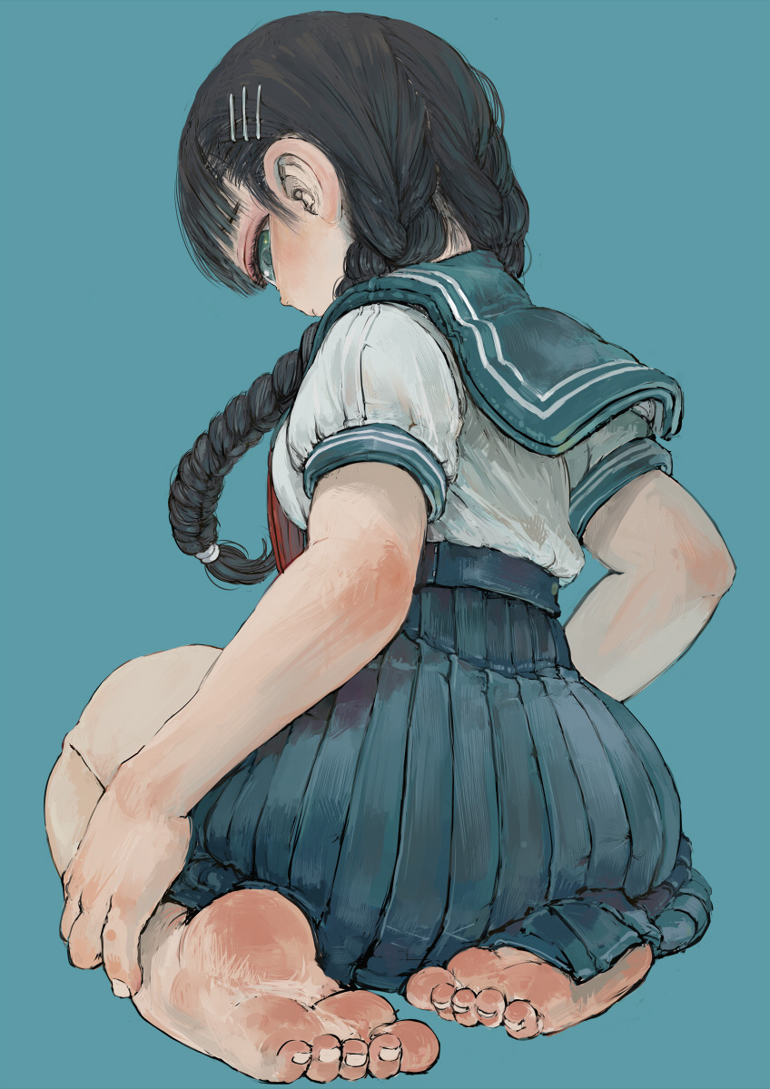 1girl barefoot black_hair blue_background blue_eyes braid cyclops ebimomo full_body hair_ornament hair_over_shoulder hairclip highres long_hair looking_back monster_girl one-eyed original pleated_skirt school_uniform serafuku simple_background sitting skirt soles solo toes twin_braids wariza