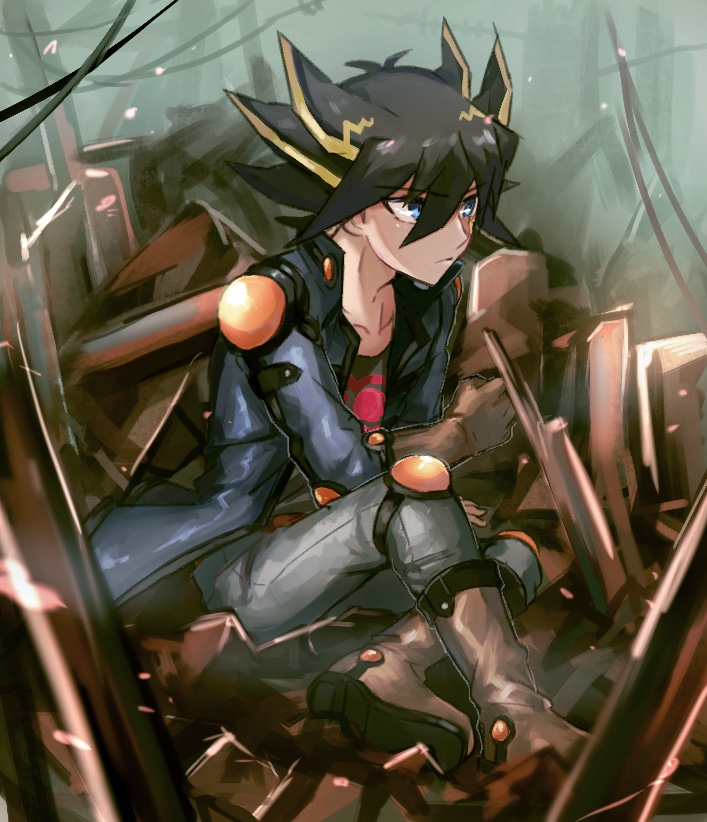 1boy akaike black_hair black_shirt blue_eyes brown_gloves collarbone eyebrows_visible_through_hair fudou_yuusei full_body gloves grey_pants hair_between_eyes highlights male_focus multicolored_hair pants print_shirt shirt sitting solo spiky_hair yu-gi-oh! yuu-gi-ou_5d's