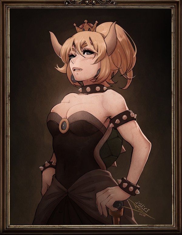 bare_shoulders blonde_hair bowsette bracelet breasts collar crown dress earrings fang fang_out frame horns jewelry large_breasts super_mario_bros. mike_nesbitt new_super_mario_bros._u_deluxe nintendo ponytail spiked_armlet spiked_bracelet spiked_collar spiked_shell spikes strapless strapless_dress super_crown thick_eyebrows tight_dress
