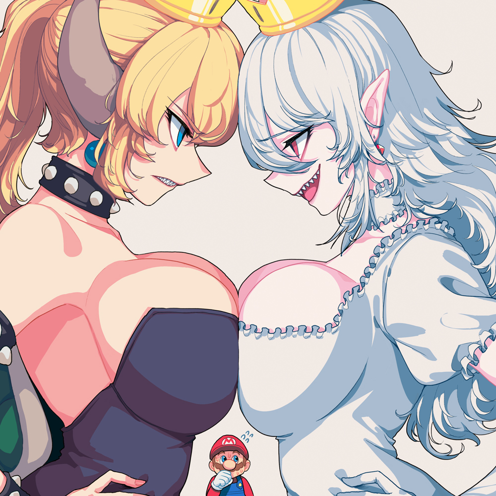 2girls bare_shoulders black_dress blonde_hair blue_eyes blush borrowed_character bowsette breast_press breasts choker cleavage collar crown dress earrings elbow_gloves eyebrows_visible_through_hair face-to-face facial_hair fingernails flying_sweatdrops frilled_choker frilled_dress frills genderswap genderswap_(mtf) gloves hands_on_hips hat hips horns jewelry large_breasts long_fingernails long_hair luigi's_mansion mario super_mario_bros. multiple_girls mustache new_super_mario_bros._u_deluxe nintendo open_mouth pale_skin pointy_ears ponytail princess_king_boo profile red_eyes sharp_teeth silver_hair simple_background smile strapless strapless_dress studded_bracelet studded_collar sungwon super_crown symmetrical_docking teeth upper_body white_background white_dress white_gloves