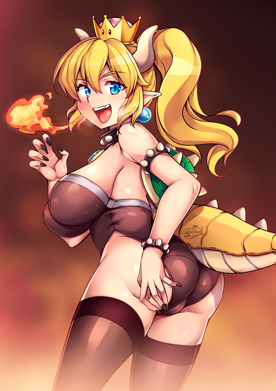 1girl ass bare_shoulders black_nails blonde_hair blue_eyes bowsette breasts crown earrings fire from_side genderswap genderswap_(mtf) highres horns jewelry large_breasts leotard looking_at_viewer super_mario_bros. nail_polish new_super_mario_bros._u_deluxe nintendo open_mouth pointy_ears ponytail sharp_teeth shell sideboob smile solo spikes tail teeth thigh-highs upper_teeth windart
